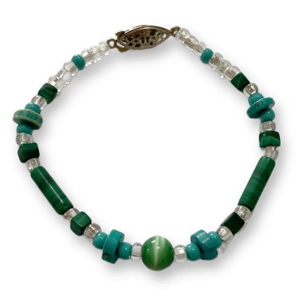 Handmade Turquoise Green Cats Eye and Jasper Stone Beaded Artisan Bracelet - Picture 2 of 3